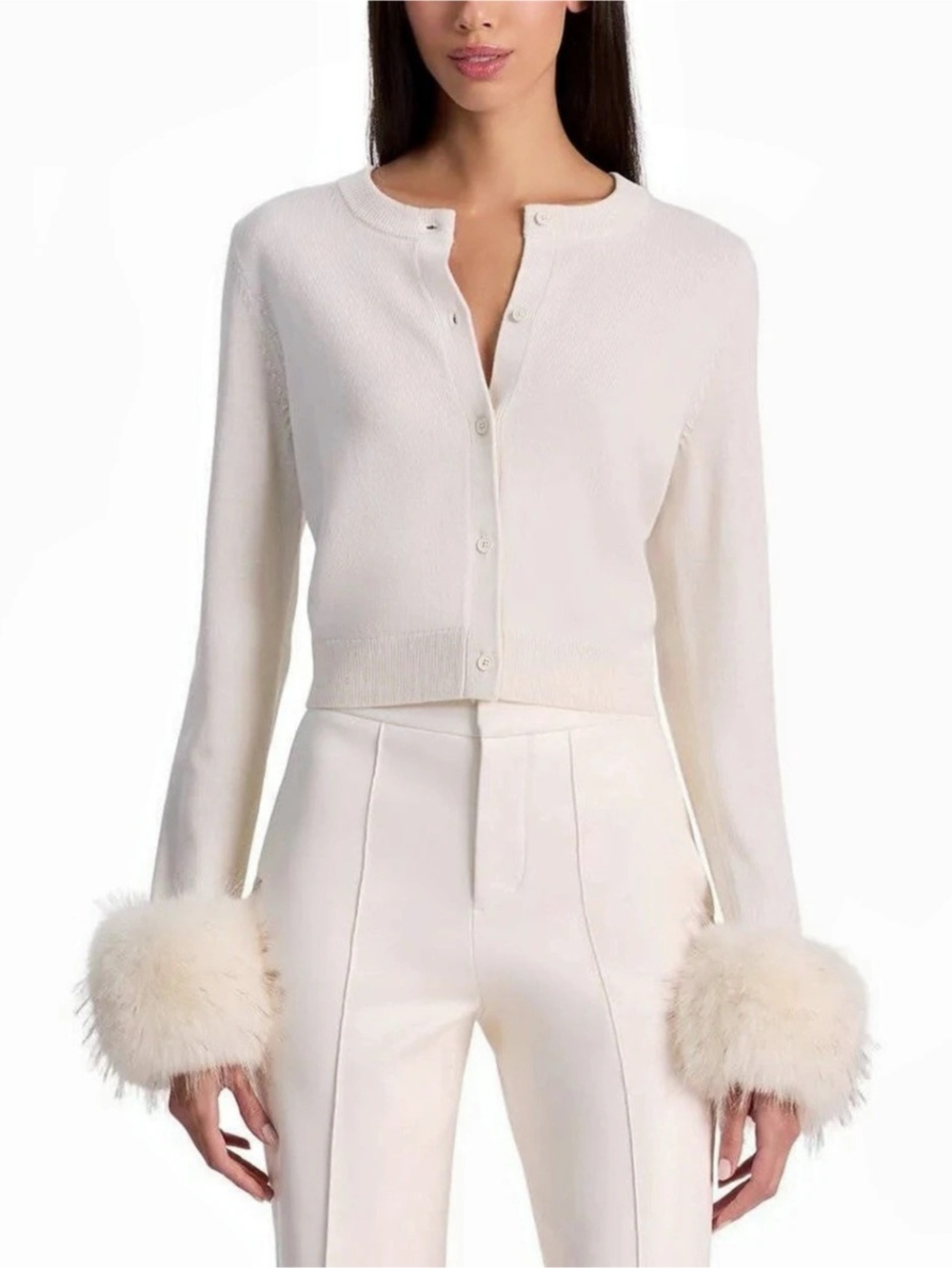 alice + olivia Dollie Faux Fur Cuff Cardigan White